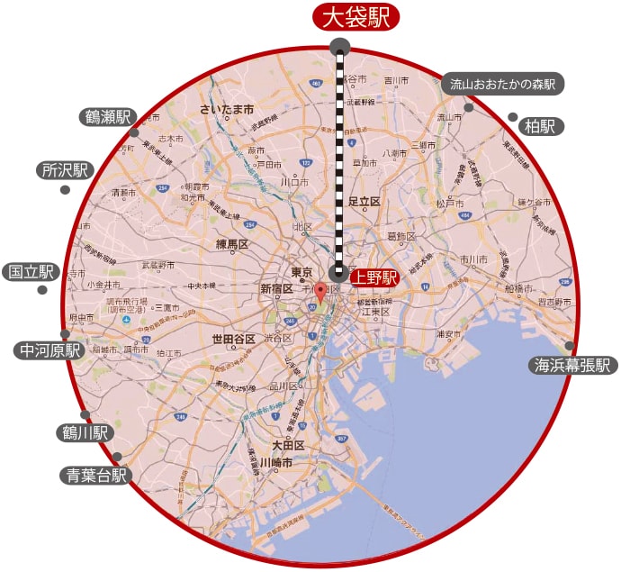 都心からおよそ27ｋｍのエリア